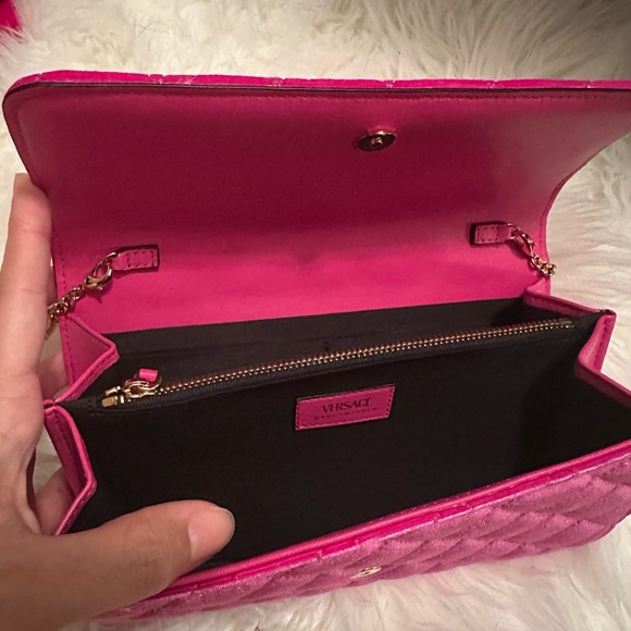 VERSACE pink Medusa Velvet Quilted Wallet On Chain purse and platform mules - Picture 4 of 4